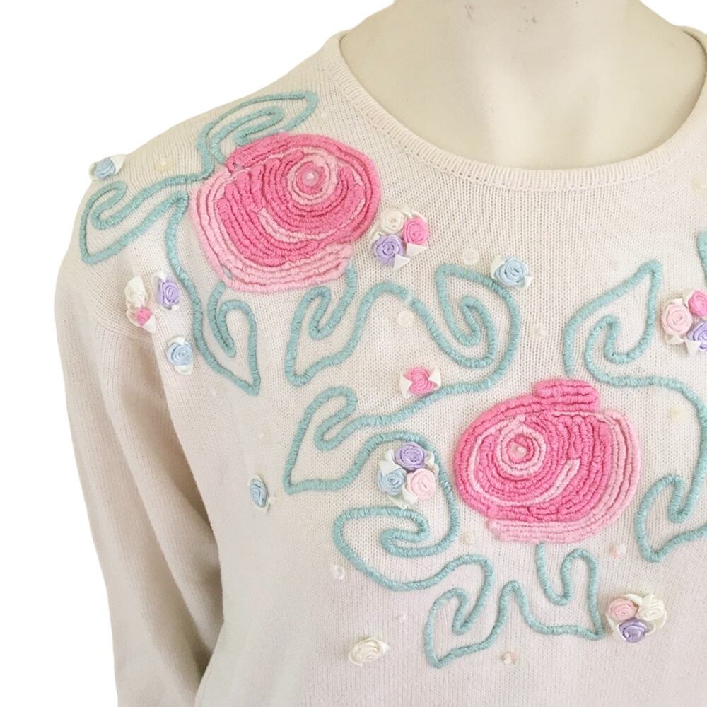 VTG CARLOS ARIAS Raised Floral Sweater Beading Sequins Easter Spring  SZ L